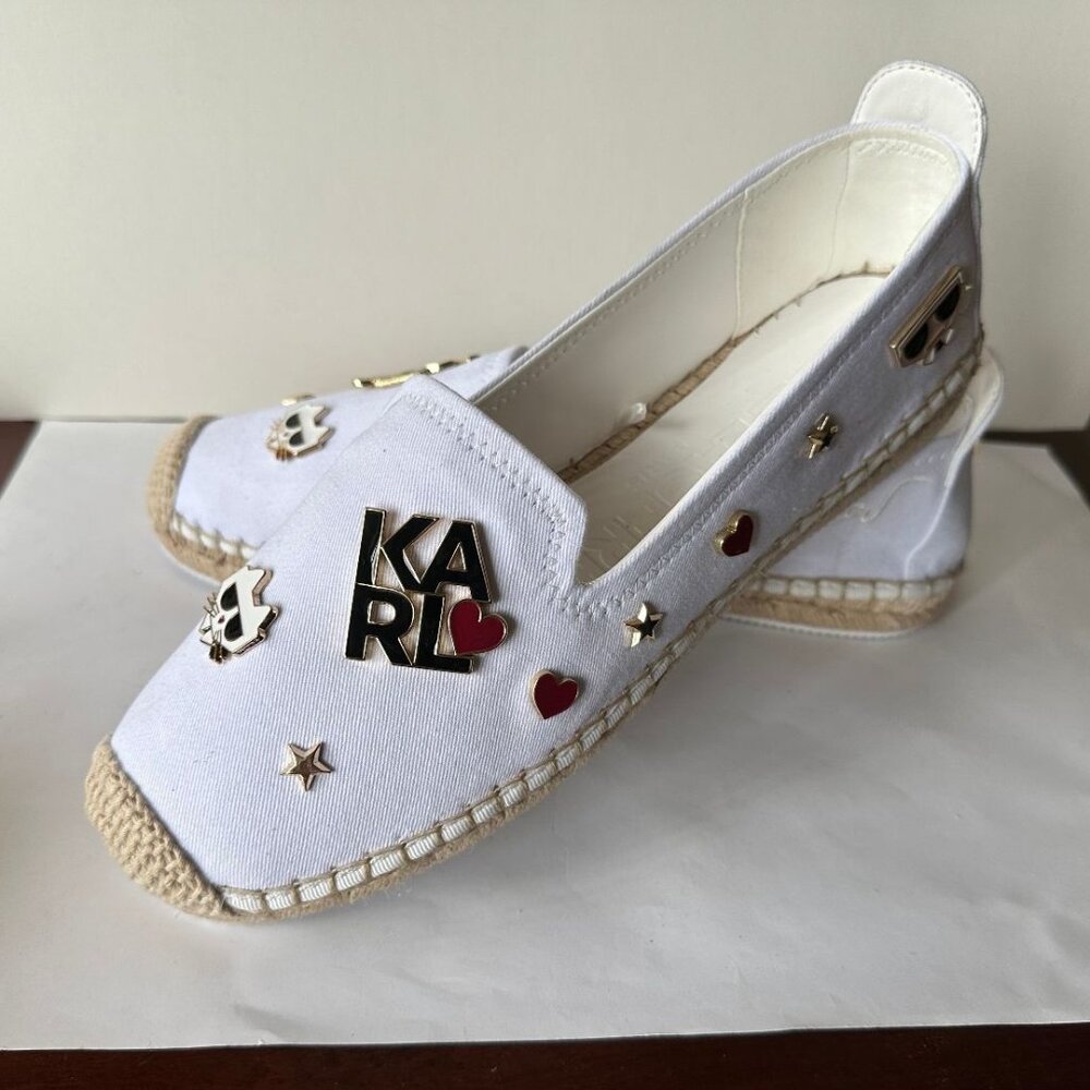 NEW Karl Lagerfeld Michaela Embellished White Denim Espadrilles Size 7.5 & 8.5